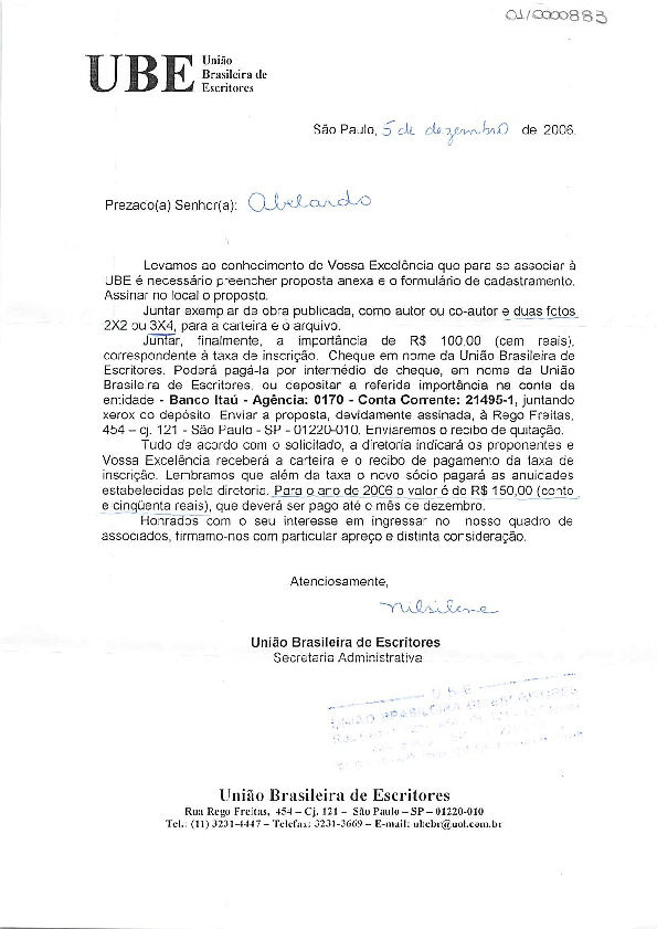 Carta de inscrição